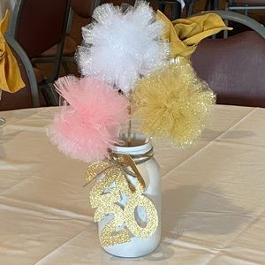 White, gold, pink glittered tulle pompoms